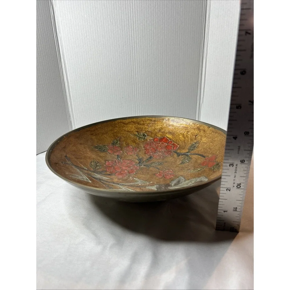 Vintage Brass World Decorative Bowl Centerpiece‎ Pink Rose Floral 9